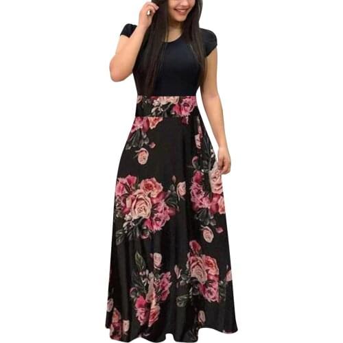 Vintage Floral Print Boho Dress Women Long Maxi Dress Evening Party Beach Summer Dress Vestidos Short Sleeve Spliced Dresses