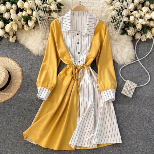 2021 New Spring Summer Striped Print Patchwork Long Sleeve Shirt Dress Women Casual Buttons Lace-up Sash A-line OL Work Dress