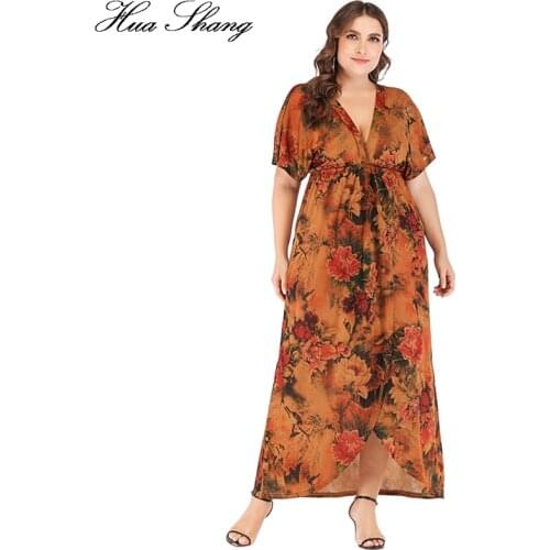 Plus Size Dresses For Women 4xl 5xl 6xl V Neck Short Sleeve Retro Printing Vintage Dress V Backless Split Front Sexy Long Dress