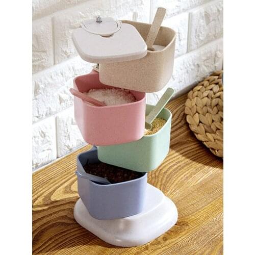 Zq Wheat Straw Seasoning Jar Vertical Rotating Seasoning Box Condiment Dispenser Cruet Set
