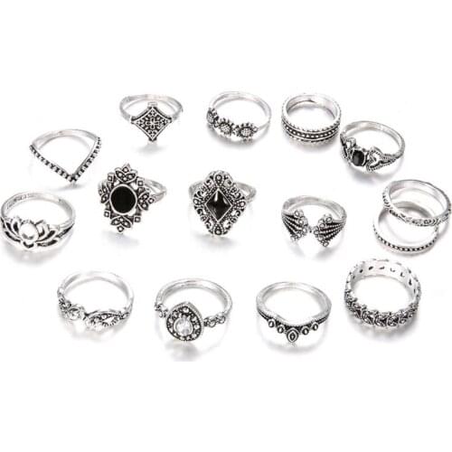 15 Pcs/Set Women Vintage Alloy Hollow out Midi Joint Finger Rings Set Knuckle Ring Jewelry Gifts