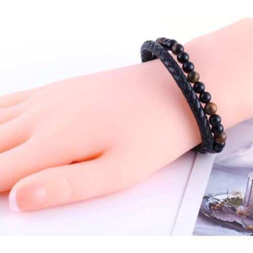 2020 Fashion Men Jewelry Natural Stone Genuine Leather Bracelet Black Stainless Steel Magnetic Clasp Tiger eye Bead Bracelet Men