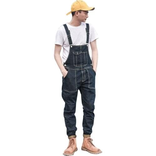 2021 Summer Overalls Men Bib Denim Jumpsuit Slim Jeans Coverall Big Pocket Street Cargo Pants Fashion Casual Black Trousers