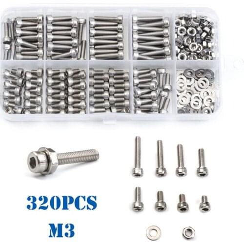 320Pcs M3 Hexagon Socket Head Cap Screws Bolts Set 304 Stainless Steel Bicycle Hex Bolts Nut Flat Washer Kit