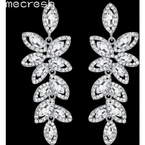 Mecresh Crystal Silver Color Big Long Dangle Earrings 2018 Gorgeous Leaf Shape Bride Wedding Party Hanging Earrings MEH1084