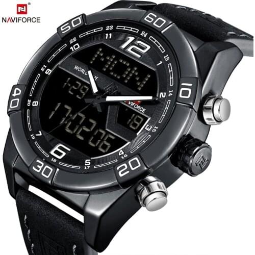 NAVIFORCE Quartz Watch Dual Display Sport Watches Outdoor Digital Wristwatch Calendar Leather Waterproof Relogio Masculino Clock