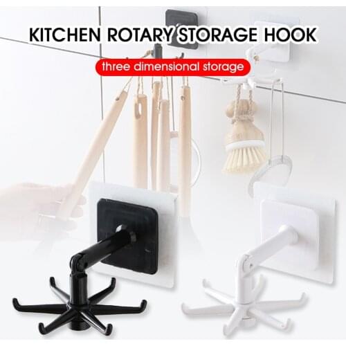 Kitchen Utensil Holder Rotatable Adhesive Wall Hooks with 6 Hooks No Drilling Hook for Home Kitchen Bathroom Accessories Supply
