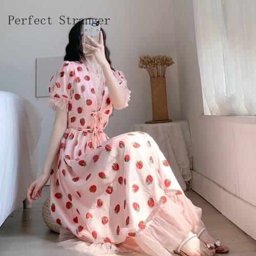 2021 Summer New Sweet Strawberry Sequined Embroidery Cascading Ruffle Maxi V-Neck Puff Sleeve Bow Pink Tulle Mesh Long Dress