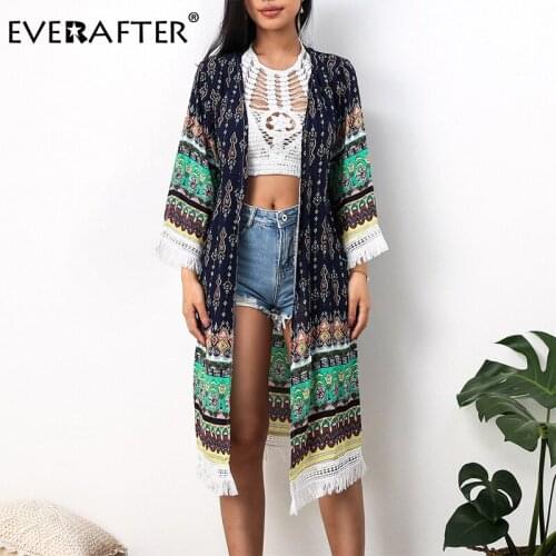EVERAFTER Beach Cover Up Elegant Boho Floral Print Blouse Women Tassel Summer Vintage Kimono Long Beach Chiffon Blouse Tops