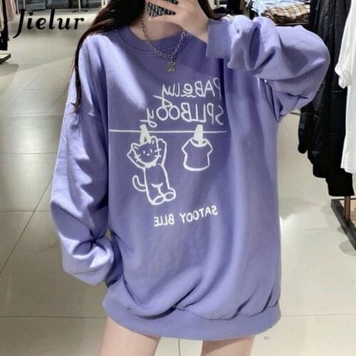 Jielur Autumn Fashion Harajuku Women Sweatshirt Thin Simple White Purple Hoodies Female Loose Cute Cartoon Print Pullover Tops