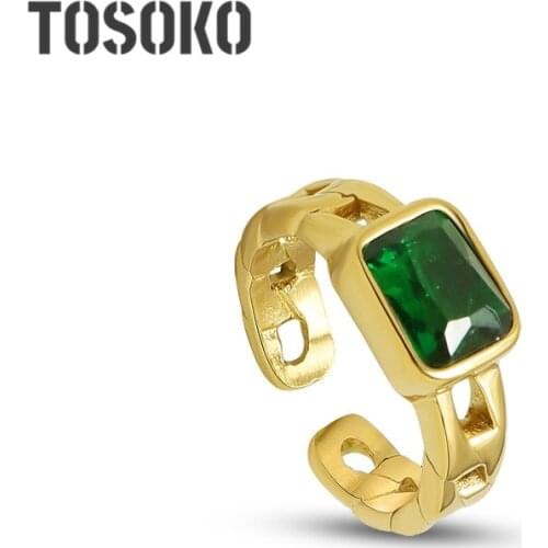 TOSOKO Stainless Steel Jewelry Chain Black Green Square Zircon Cut Ring Womens Fashion Open Ring BSA170