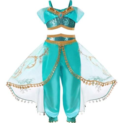 Disney Aladdin Magic Lamp Jasmine Top Pants Clothing Set Princess Girls Dress Kids Dresses for Girls Christmas Costume Party