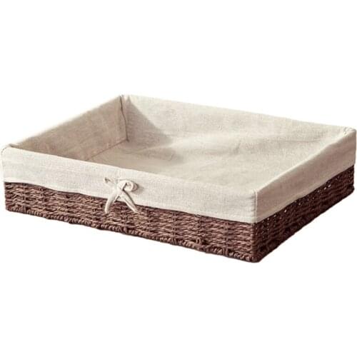 X7AB Rustic Wicker Fruit Bread Storage Basket Vintage Faux Rattan Woven Rectangular Bins Sweet Bowknot Farmhouse Desktop