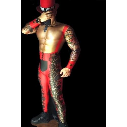 Singer Stage Costume Male 3D False Muscle Lace Printing Elastic Skinny Jumpsuit Sexy Club Bar Men Pole Dance Performance DT1185