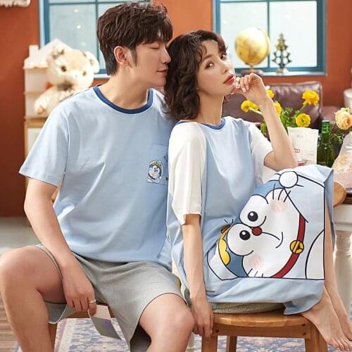 Summer Japan Anime Doraemon Couple Pajamas Sets Cotton Short-Sleeve Cute Women Sleepdress Soft Elastic Waist Shorts Men Homewear
