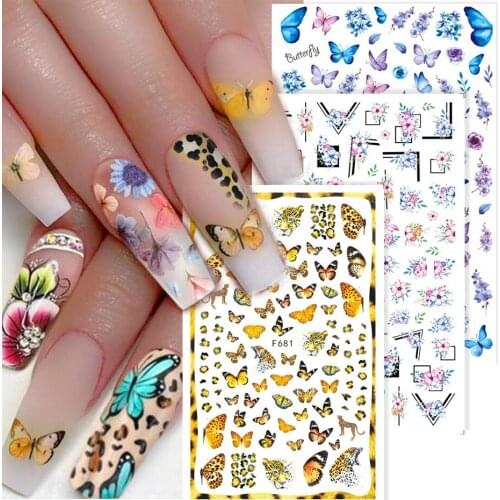 Leaf Butterfly Black White Flower Nail Sticker Sexy Leopard Animal Decal Rose Geometry Self-Adhesive Nail Decoration SAF672-681