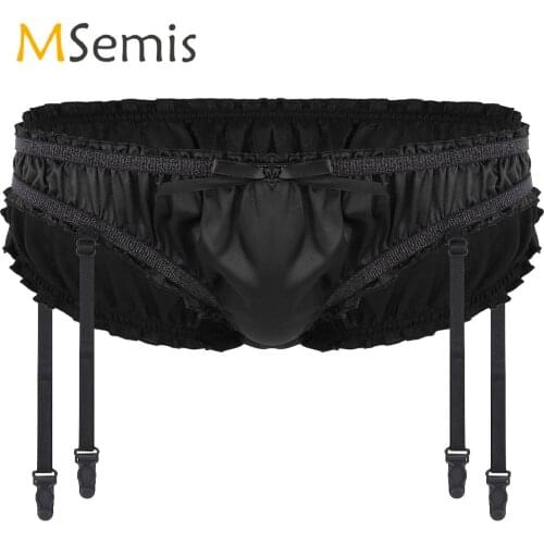 Mens Lingerie Shiny Sissy Underwear Stretchy Satin Ruffled Lined Sissy Triangle Briefs Panties with Plastic Garters Underpants