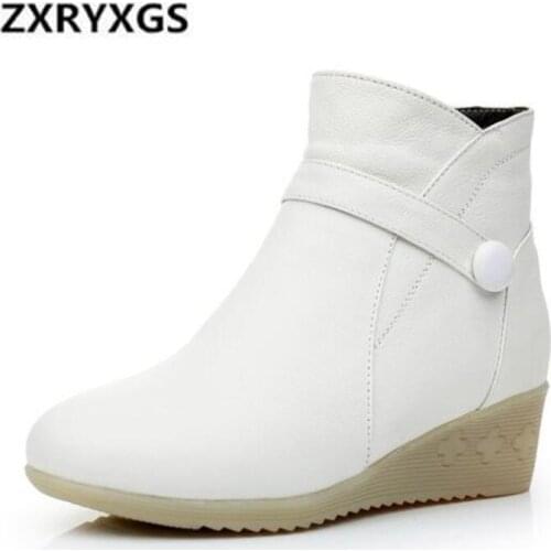 2020 New Winter Boots Women Shoes White Black Top Cowhide Leather Boots Wedges Non-slip Comfortable Warm Women Boots Snow Shoes