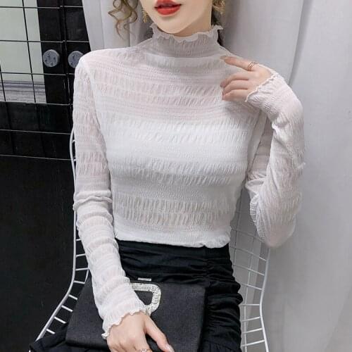 Autumn Winter New Women Tops Blouse Long Sleeve Loose Chiffon Shirts Perspective Shirt Base Shirt Camisas Mujer All-match 15721