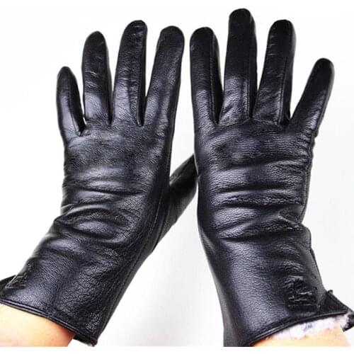 Lupine gloves womens thin wool lining XL straight style leather gloves thick fake rabbit fur lining autumn and winter warm