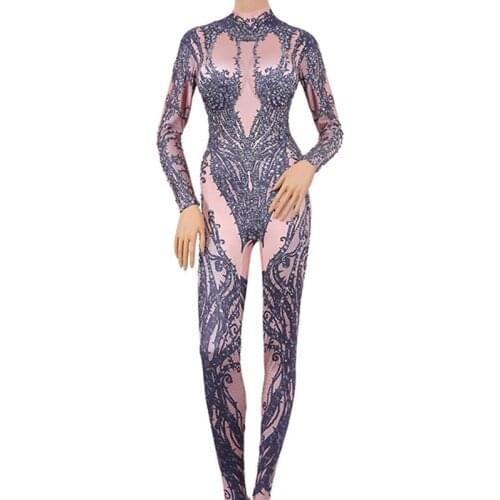 Celebrate Outfit Performance Costumes Sexy Stage Black Nude Rhinestone Jumpsuit Nightclub Bar Wear Stones Bodysuit Leggings Prom