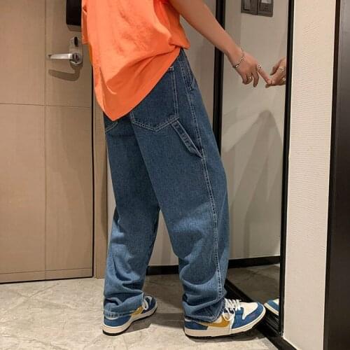 Hiphop Straight Jeans for Men Thin Navy Blue Stitching Denim Pants Casual Spring Summer Loose Wide-leg Trousers Streetwear