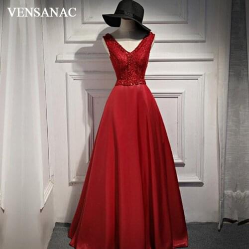 VENSANAC Luxury Crystal V Neck Lace A Line Long Evening Dresses Elegant Party Beading Backless Prom Gowns