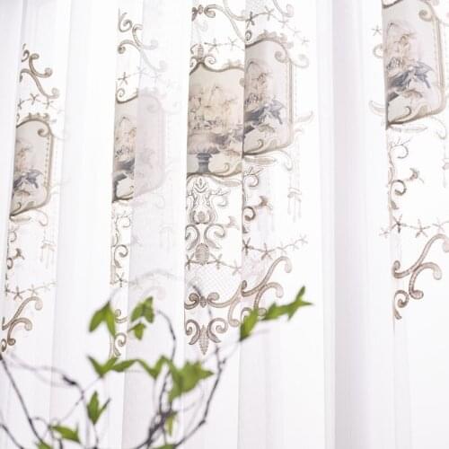Luxury Floral Embroidered Tulle Curtains for Living Room Chinese Style Golden Lace Bottom Sheer Volie Balcony Gauze JS221C