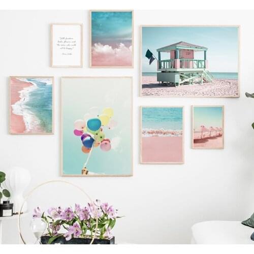 Bahamas Pink Bathing Beach Hut Balloon Wall Art Canvas Painting Nordic Posters And Prints Wall Pictures For Living Room Decor