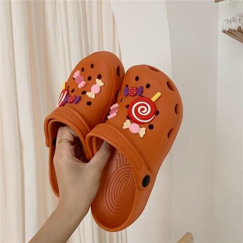 Womens Sandals Korea Ins Style Cute Cartoon Ice Cream Deco Hole Shoes Antislip Thicken Sole Outdoor Beach Summer Flats Slides