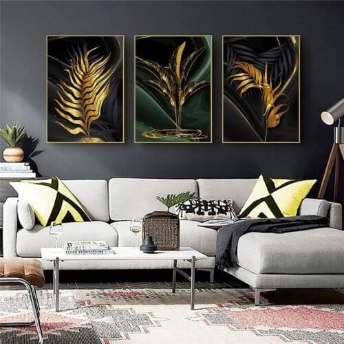 Nordic gold leaf abstract flower wall art painting on canvas black white feathers poster print picture wall for living room deco