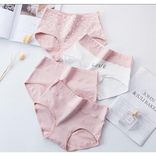 Pink Love Printed Panties High Waist Abdomen Cotton Underpants Pink White Stitching Soft Breathable Womens Briefs
