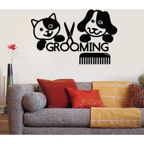 Pet Grooming Wall Decal Salon Groomer Beauty Cat Dog Pets Animal Vinyl Window Stickers Comb Scissors Mural Interior Decor S1360
