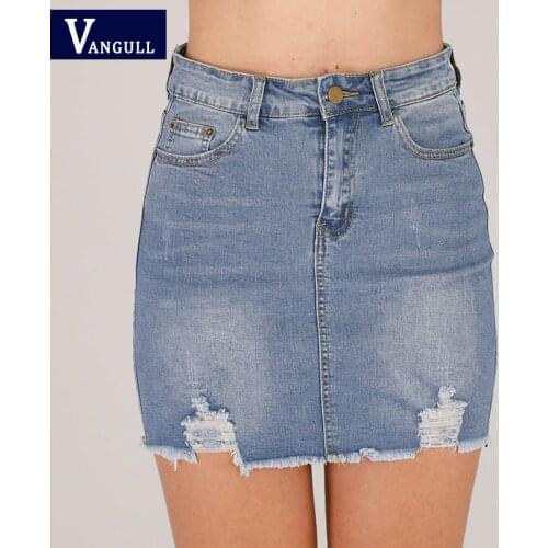 Vangull Summer Fashion Denim Skirts Women High Waist Zipper Mini Jean Skirt Solid Frayed Harajuku Denim Female A-Line Skirts