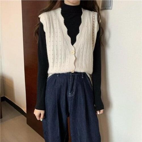 2021 Spring Autumn Korean Fashion Lace V-neck College Womens Knitted Vest Girls Students Leisure Time Outdoors White