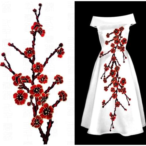 Branch Plum Blossom Flower Embroidery Patch Fabric Sticker Applique Clothing Iron On Sew On Patch Craft Sewing Repair