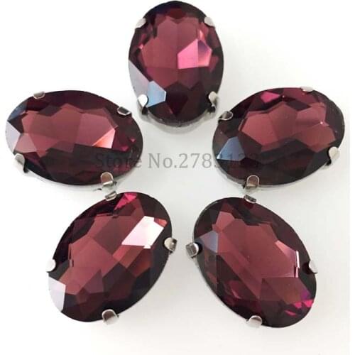 Wine red oval shape sew on Glass Crystal rhinestones,Silver bottom 4 claw apply to Clothing Decoration Complete model