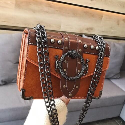 Womens Female Square Bag PU Leather Handbag Rivet Lock Chain Shoulder Messenger Bags