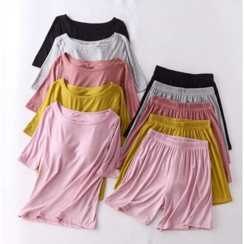 Womens Pajamas Korean Style Modal Half Sleeve Threaded T-Shirt with Bra Pad Shorts Homewear Set Casual Female Loungewear Suit