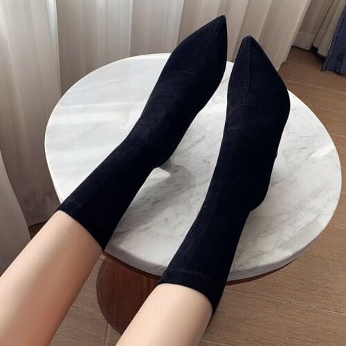 2021 Womens Boots Pointed Toe Yarn Elastic 9cm Thin High Heels Sock Boots Beige Black Female Faux Suede Ankle Boots Flock Shoe