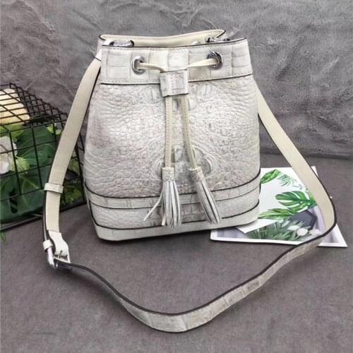 Authentic Crocodile Skin Drawstring Closure Womens White Bucket Purse Exotic Alligator Leather Lady Small Tassel Shoulder Bag
