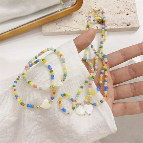 AOMU Korea Retro Candy Color Resin Love Heart Beaded Necklace Irregular Geometric Long Clavicle Chain for Women Fashion Jewelry