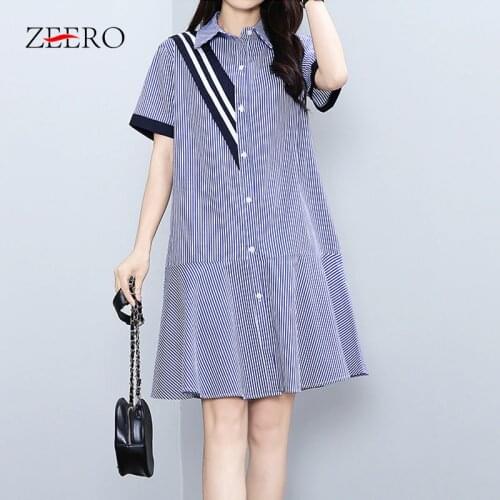 Preppy Style Women Summer Patchwork Striped Lapel Short Sleeve Ruffles Shirt Dress Elegant Female Plus Size Loose Midi Dress 4XL