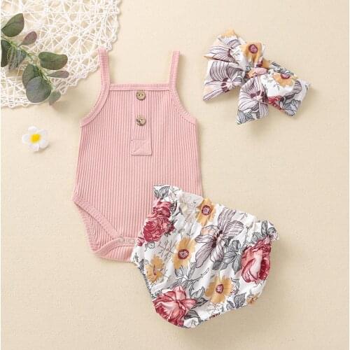 0-24M Kids Baby Girls 3-piece Outfit Sleeveless Romper+Floral Print Shorts+Headband Summer Cute Baby Girl Clothes Set