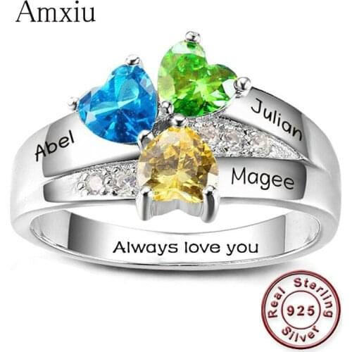 Amxiu Customize 925 Sterling Silver Ring DIY Personalized Family Name Ring Engrave Three Names Rings For Women Mothers Day Gift