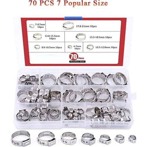 Free shipping Pipe Clamp High Quality 70Pcs 7-21mm 304 Stainless Steel Single Ear Stepless Hose Clamps Assortment Kit