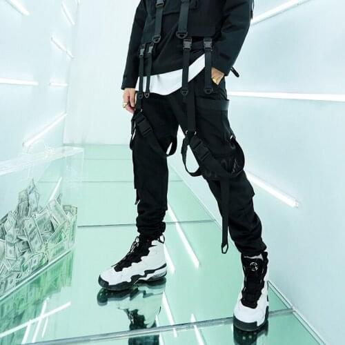 Men Elastic Waist Ribbons Design Harem Pant Men Streetwear Punk Hip Hop Casual Trousers Joggers Male Dancing Pant Black