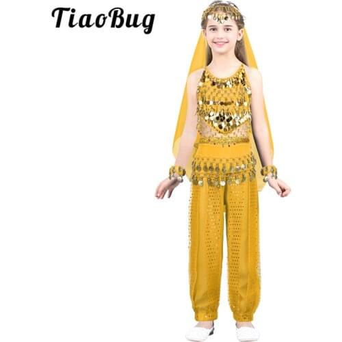 TiaoBug Children Girls Indian Belly Dance Costumes Bollywood Carnival Oriental Dance Suit Set Kids Stage Performance Dance Wear