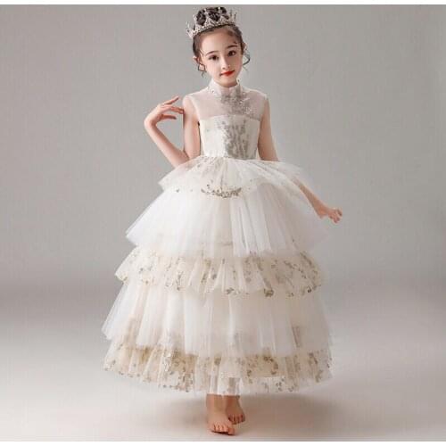 Flower Girl Dresses Illusion Sleeveless High Beading Sequined Champagne Lace Tulle Princess Floor-Length Kids Party Gown H338