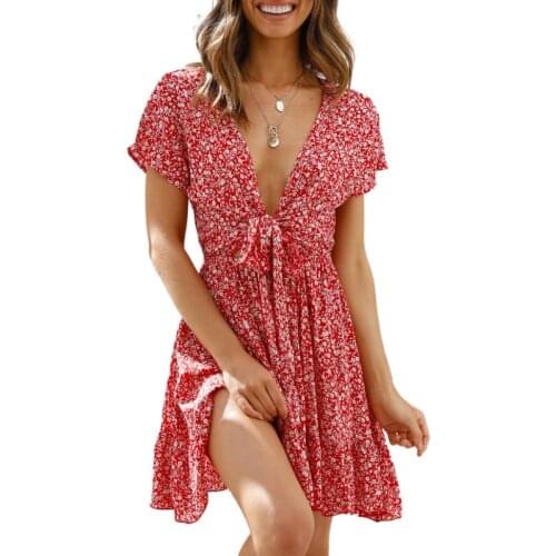 Womens Deep V Neck Boho Dress, Floral Short Sleeve Lace-up Dress for Party Vacation Dating Summer 2021